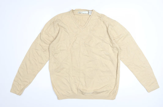 Perry Ellis Men's Beige V-Neck Knit Jumper L Rayon Cotton