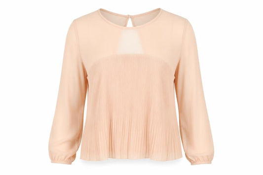 Front view of Miss Selfridge Women’s Beige Pleated Sheer Long Sleeve Blouse UK 16