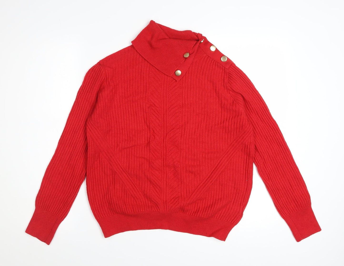 Marks and Spencer Women's Red High Neck Ribbed Button Jumper Size 12