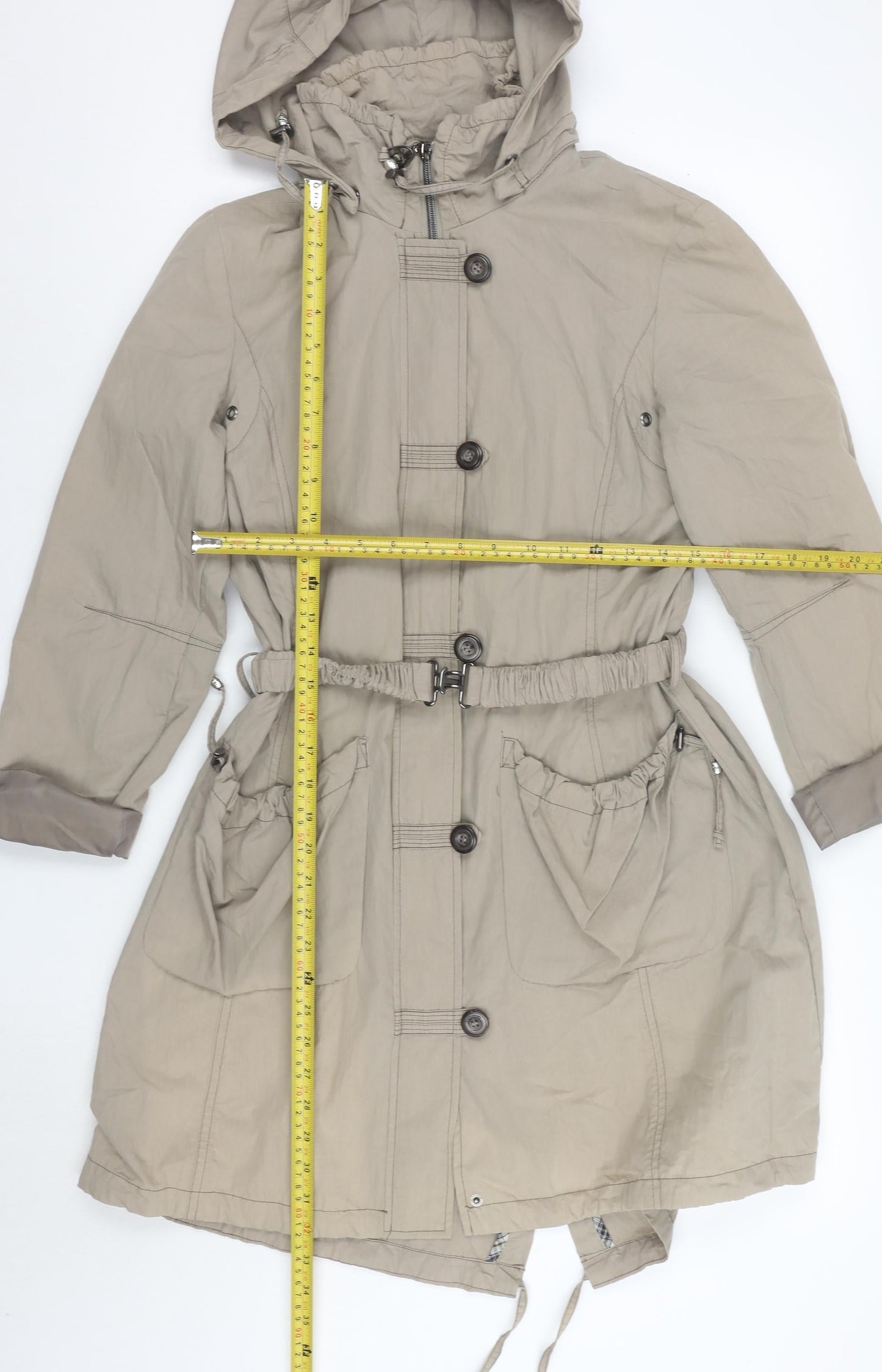 EasyComfort Women's Beige Hooded Parka Coat Size 10 Belted Cotton Blend