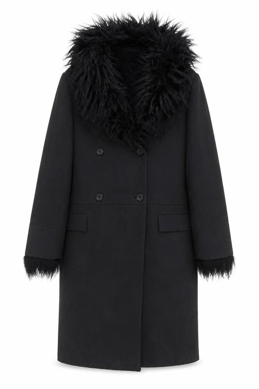 Future Ozbek Women's Black Long Wool Fur Trim Overcoat Size 10