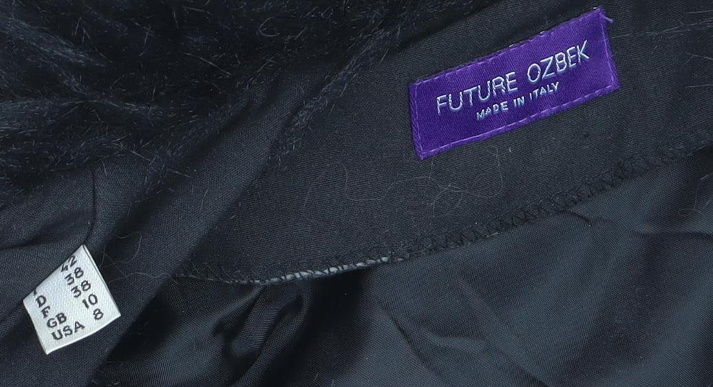 Future Ozbek Women's Black Long Wool Fur Trim Overcoat Size 10