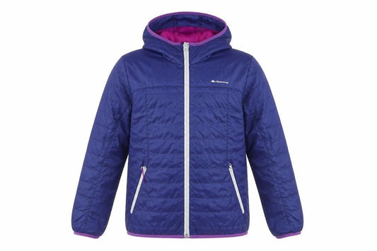 Front view of Quechua girls’ blue hooded puffer jacket 10 years lightweight winter coat