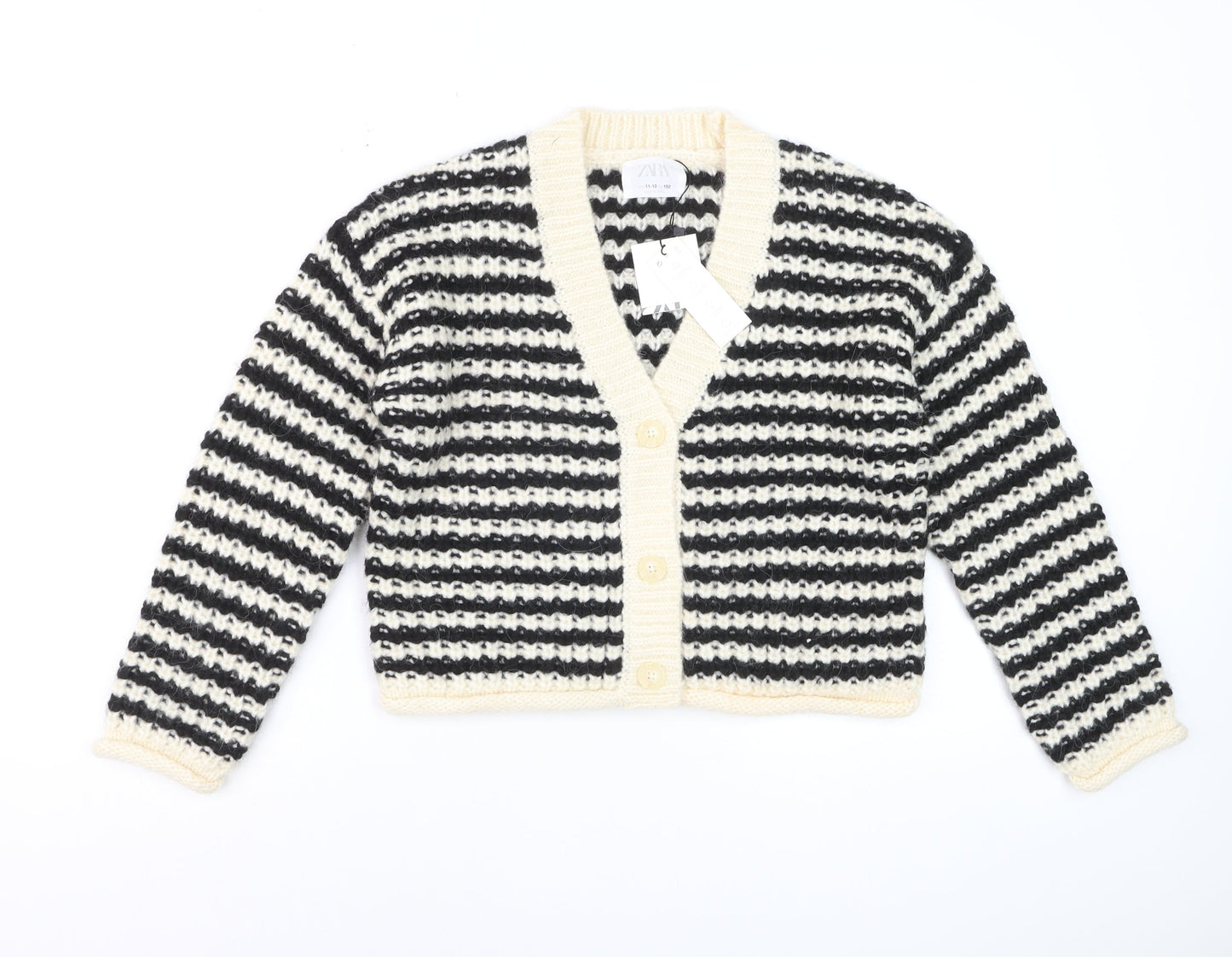 ZARA Girls Black & Beige Striped Cardigan 11-12 Years Acrylic Blend Knit