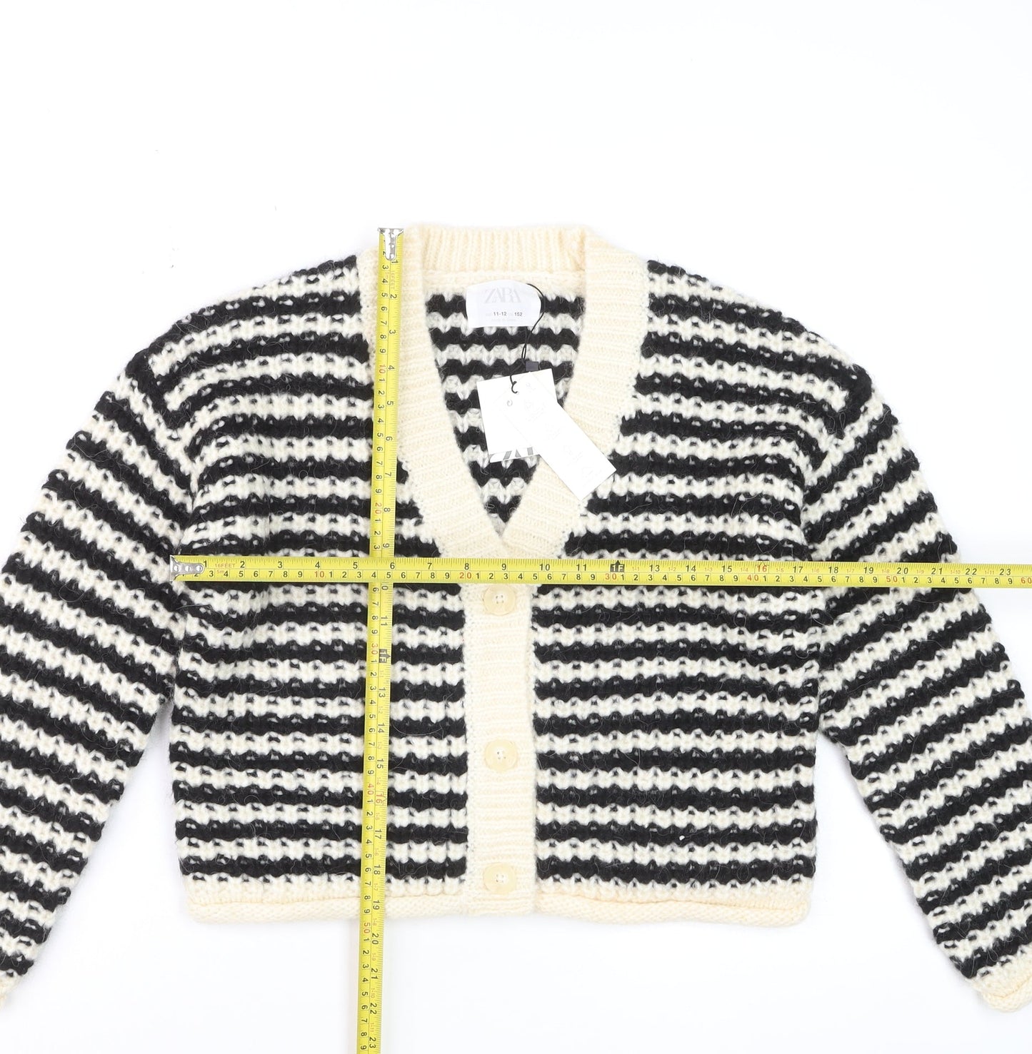 ZARA Girls Black & Beige Striped Cardigan 11-12 Years Acrylic Blend Knit