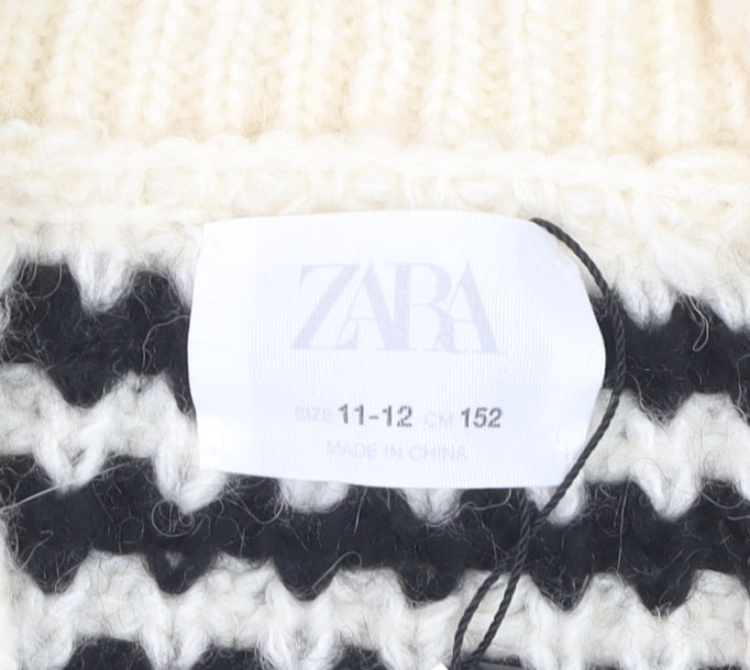 ZARA Girls Black & Beige Striped Cardigan 11-12 Years Acrylic Blend Knit
