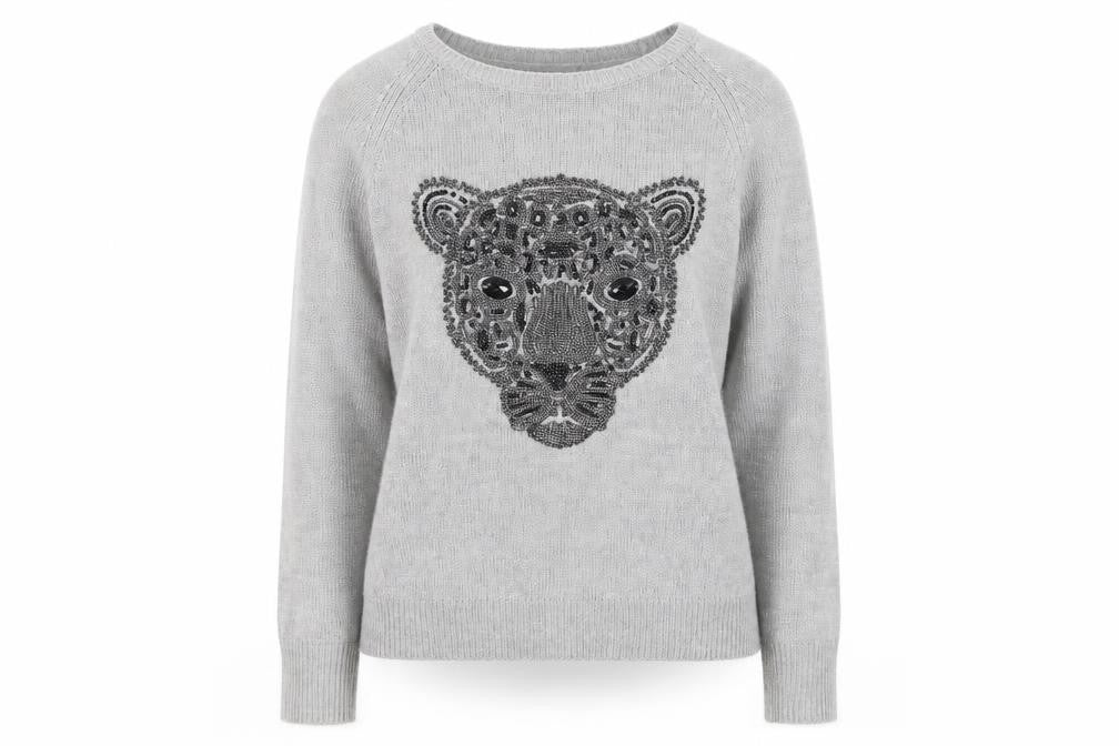 H&M Women Grey Beaded Animal Pullover Jumper Size 12