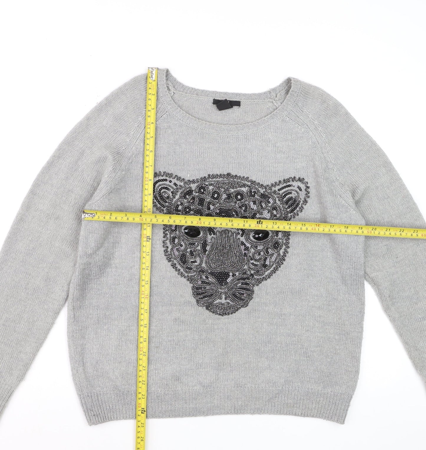 H&M Women Grey Beaded Animal Pullover Jumper Size 12