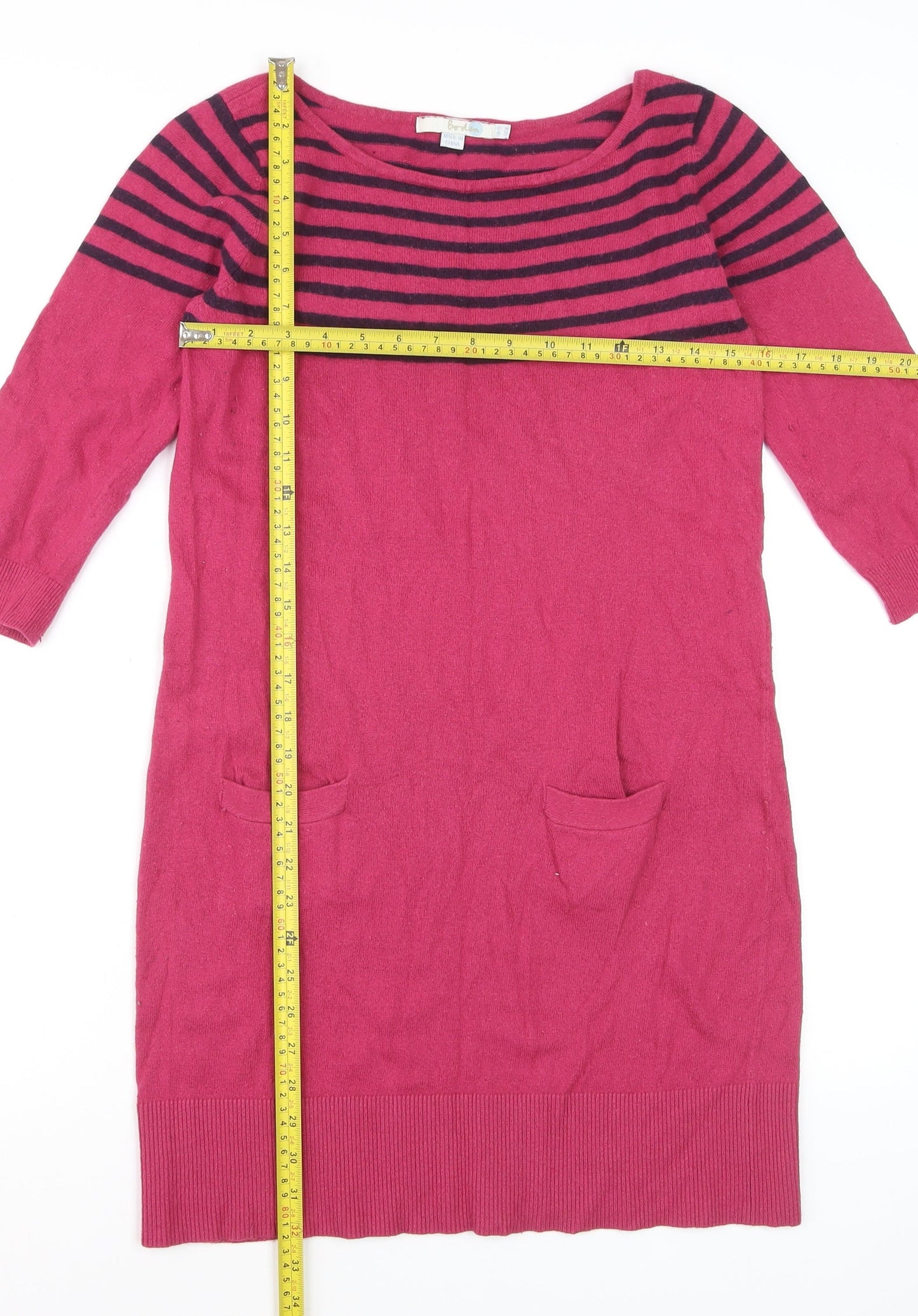 Boden Women Pink Striped Wool Jumper Dress UK 12 3/4 Sleeve Knit
