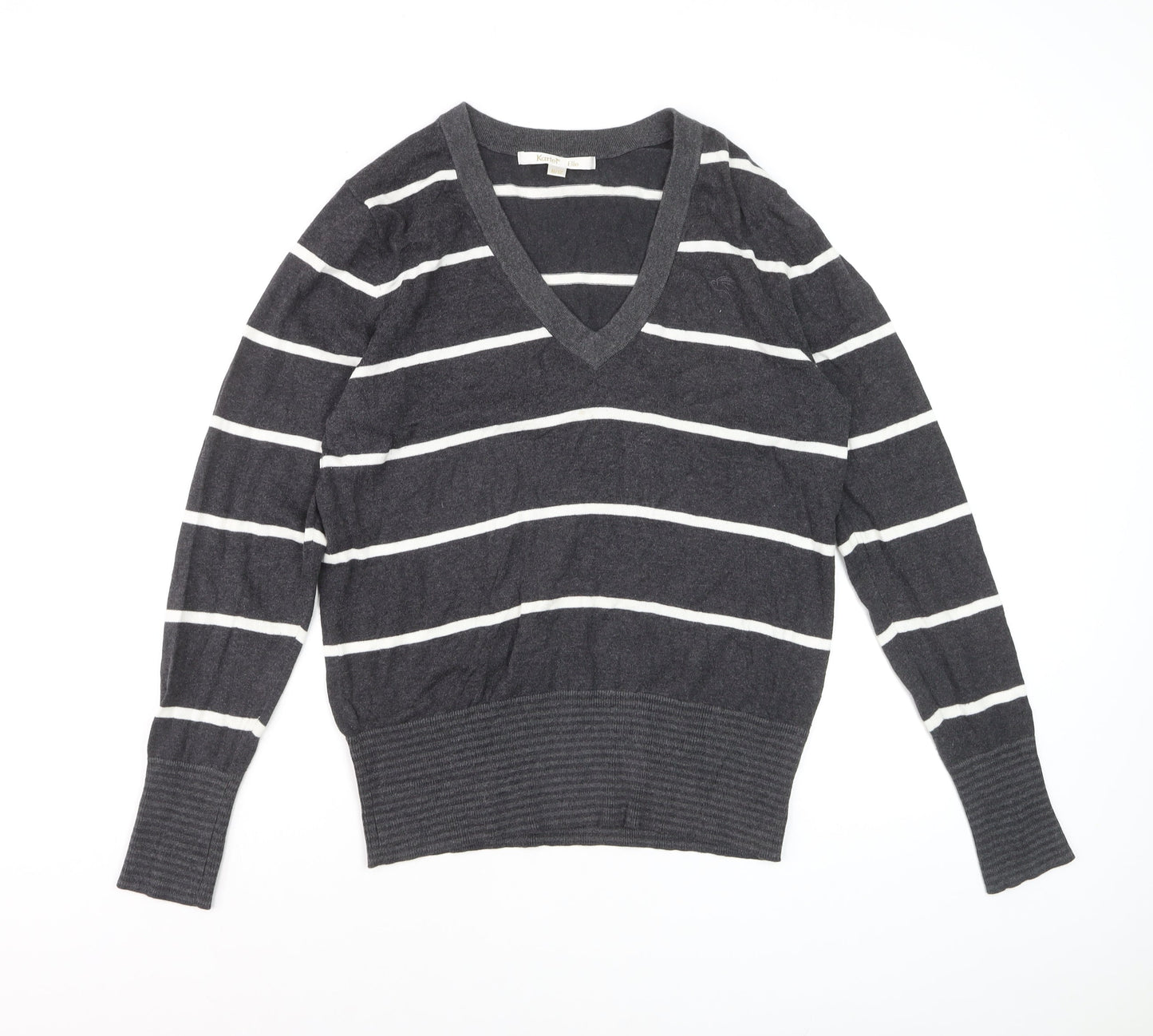 Kartel Women’s Grey Striped V-Neck Cotton Knit Jumper Size 12