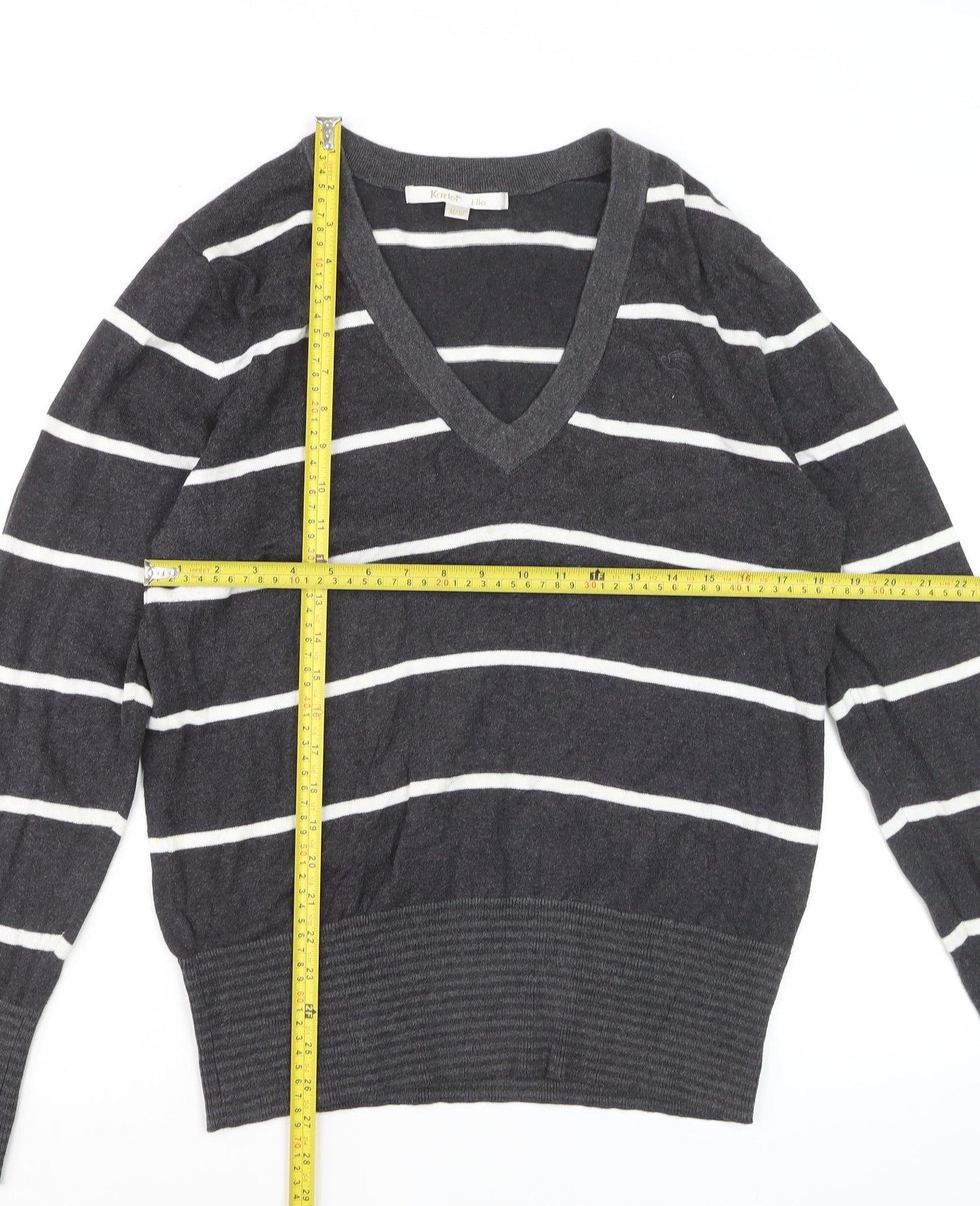 Kartel Women’s Grey Striped V-Neck Cotton Knit Jumper Size 12