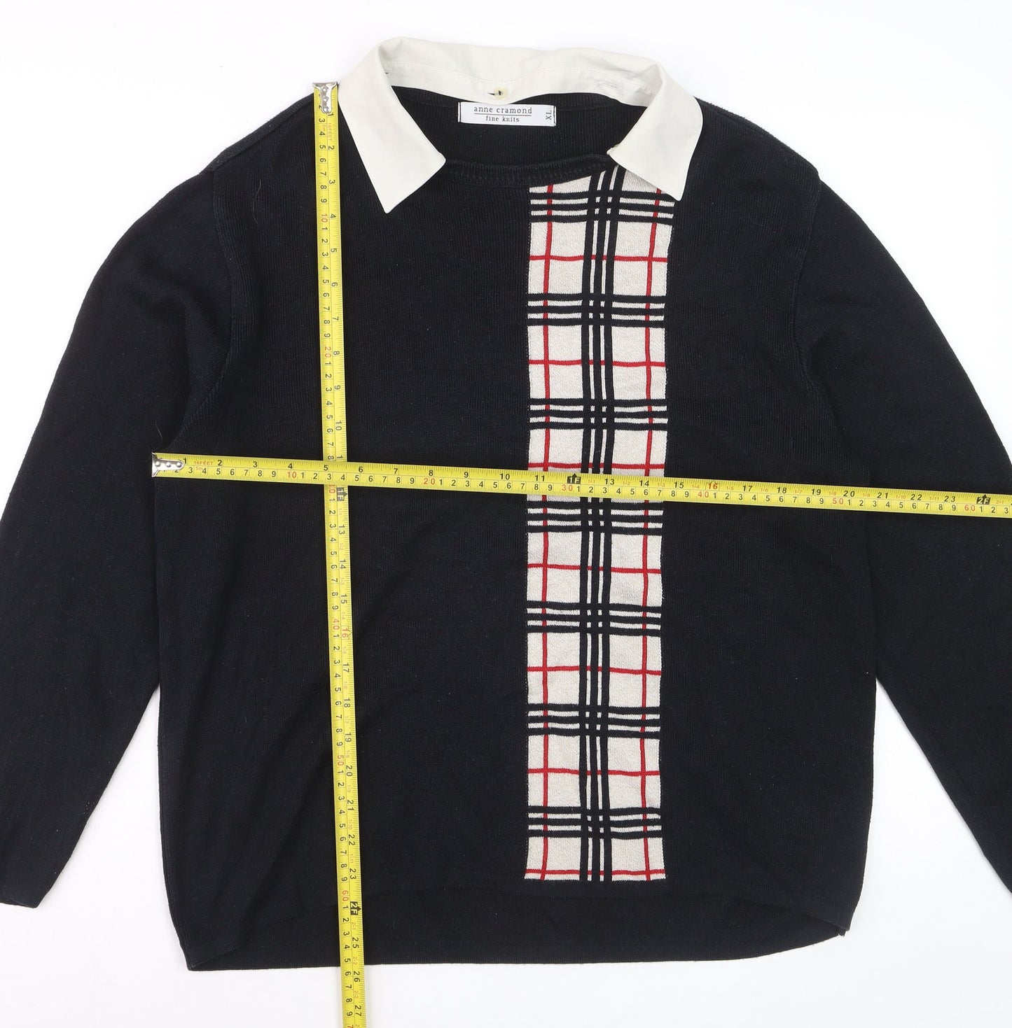 Anne Cramond Men's Black Collared Check Knit Jumper XL