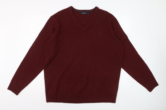 James Pringle Men's Red Wool V-Neck Jumper XL Classic Knitwear