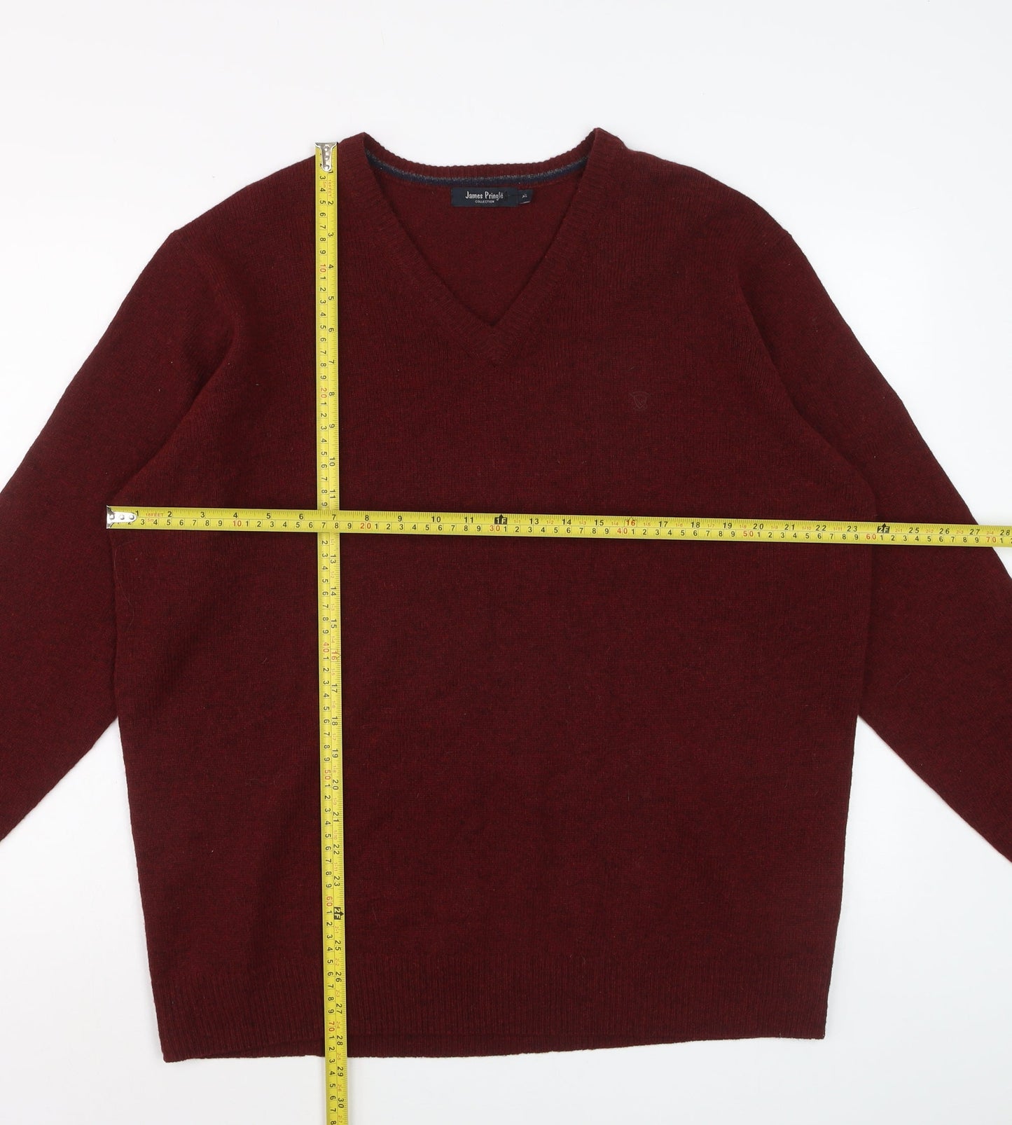 James Pringle Men's Red Wool V-Neck Jumper XL Classic Knitwear