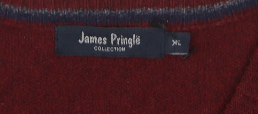 James Pringle Men's Red Wool V-Neck Jumper XL Classic Knitwear