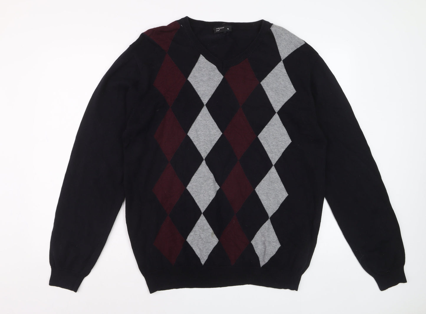 Cedarwood State Men's Black Argyle V-Neck Cotton Jumper XL