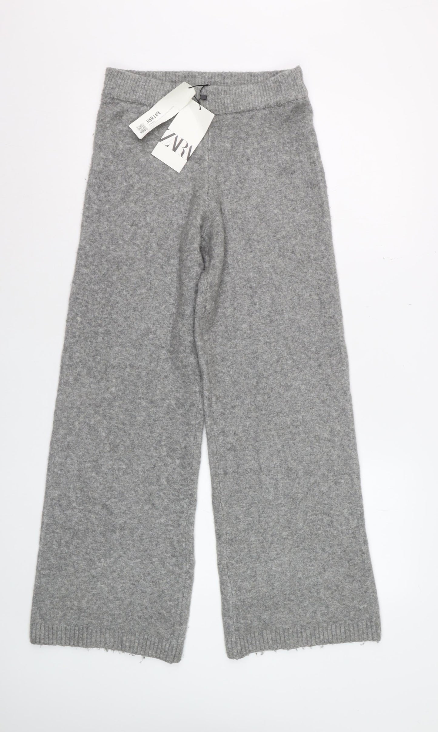 Zara Women Grey Knit Wide-Leg Trousers Size S Comfortable Winter Style