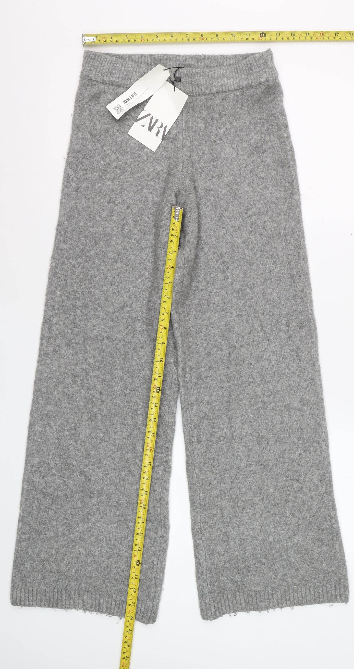 Zara Women Grey Knit Wide-Leg Trousers Size S Comfortable Winter Style