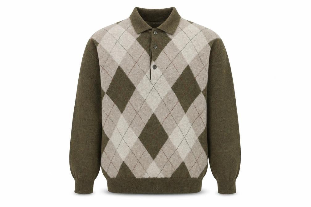 MC Bellwood Men's Brown Argyle Collared Wool Angora Jumper L
