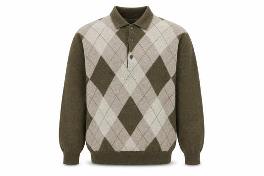 MC Bellwood Men's Brown Argyle Collared Wool Angora Jumper L