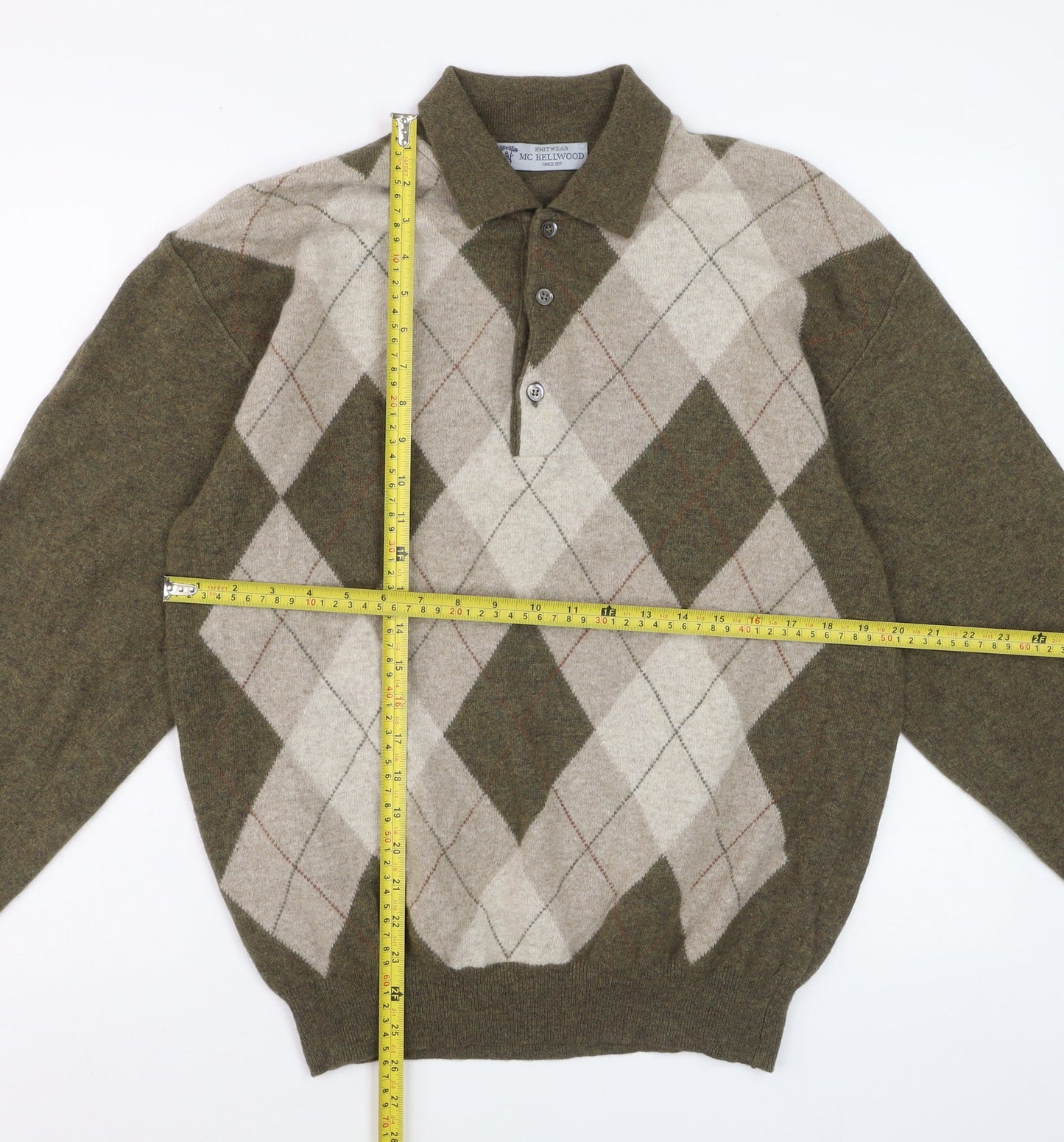 MC Bellwood Men's Brown Argyle Collared Wool Angora Jumper L