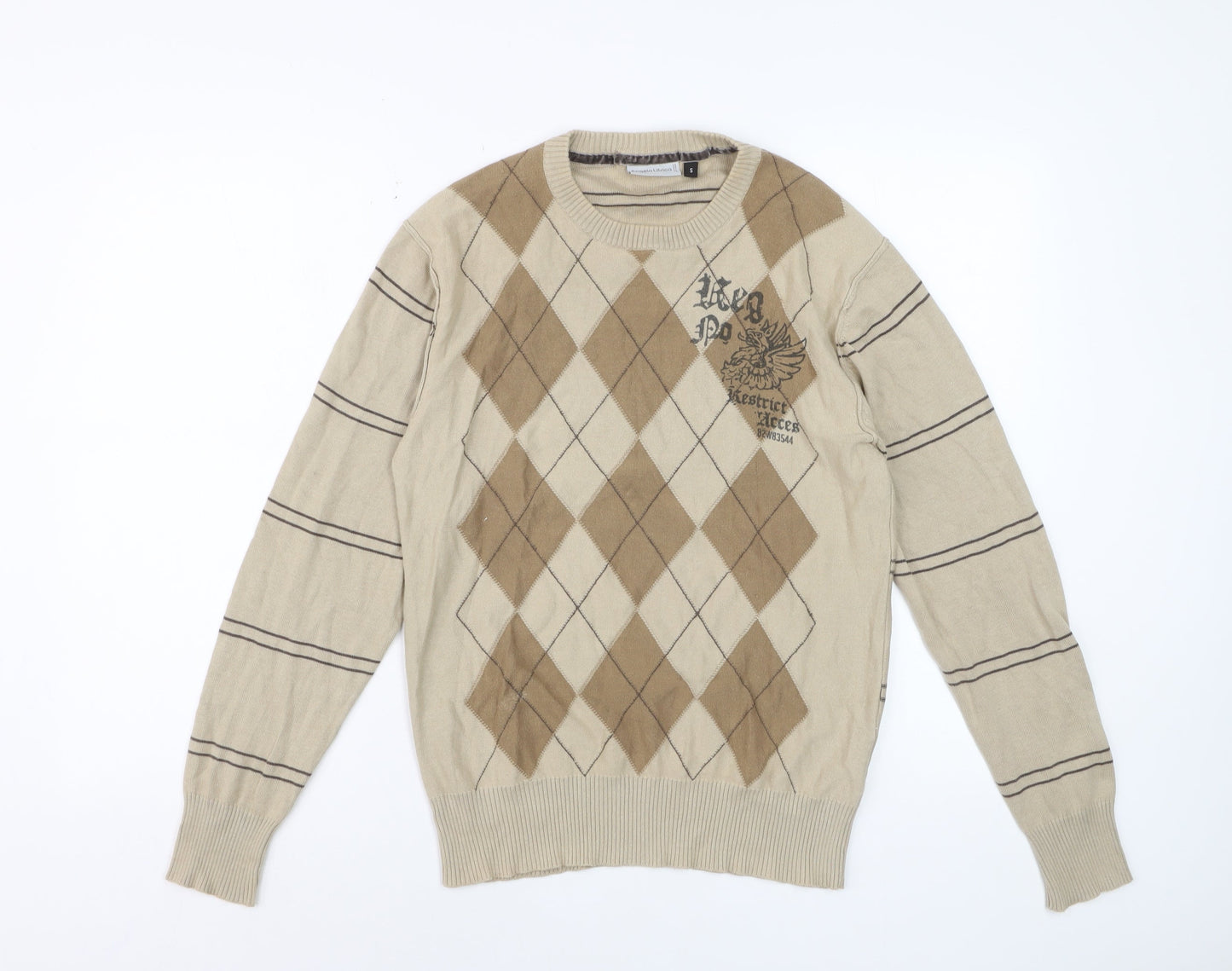 Angelo Litrico Men's Beige Argyle Crew Neck Cotton Jumper Size S