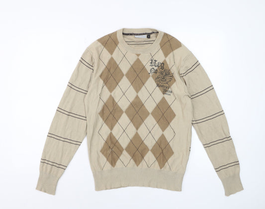 Angelo Litrico Men's Beige Argyle Crew Neck Cotton Jumper Size S