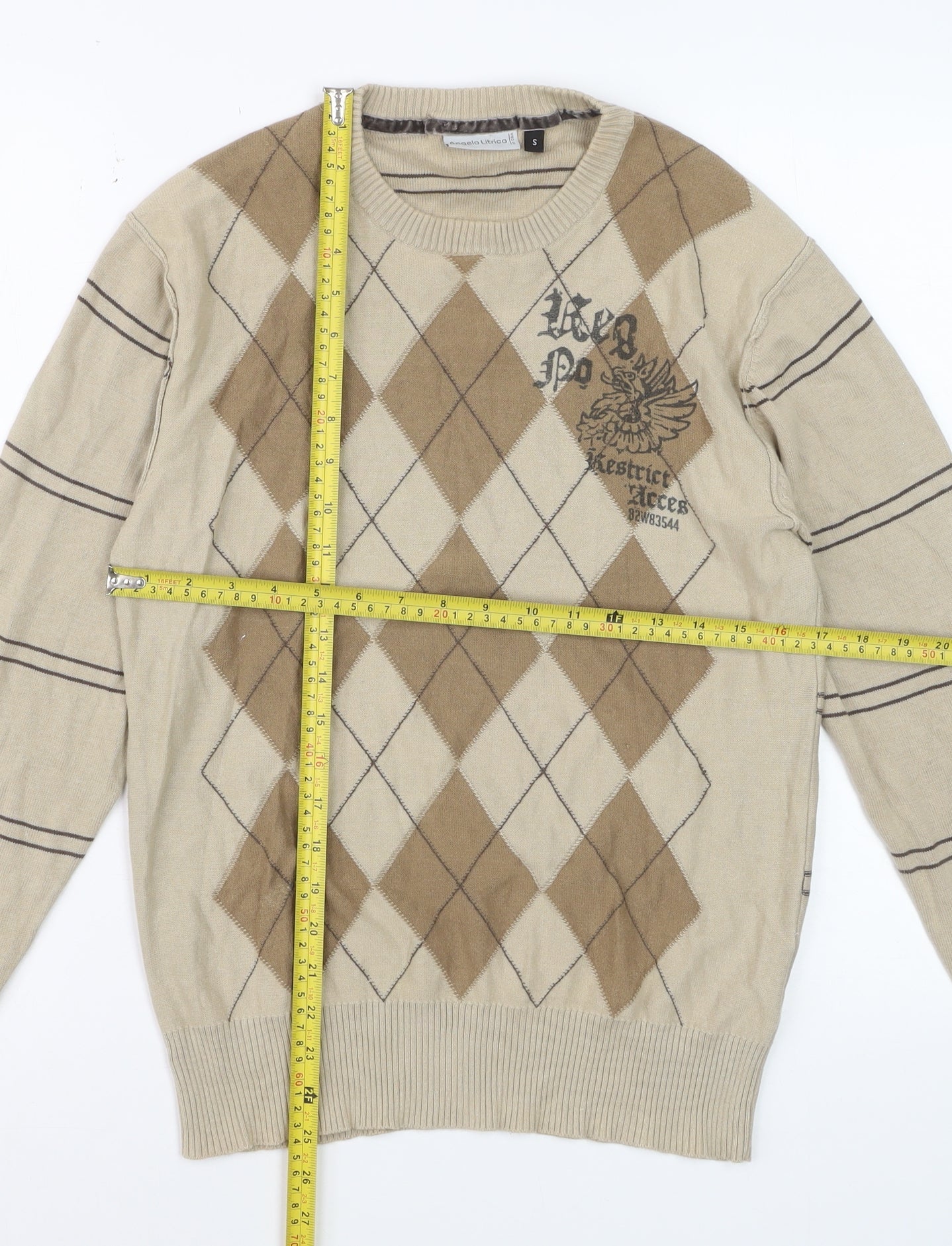 Angelo Litrico Men's Beige Argyle Crew Neck Cotton Jumper Size S