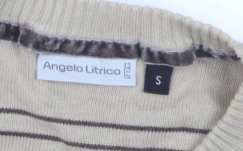 Angelo Litrico Men's Beige Argyle Crew Neck Cotton Jumper Size S