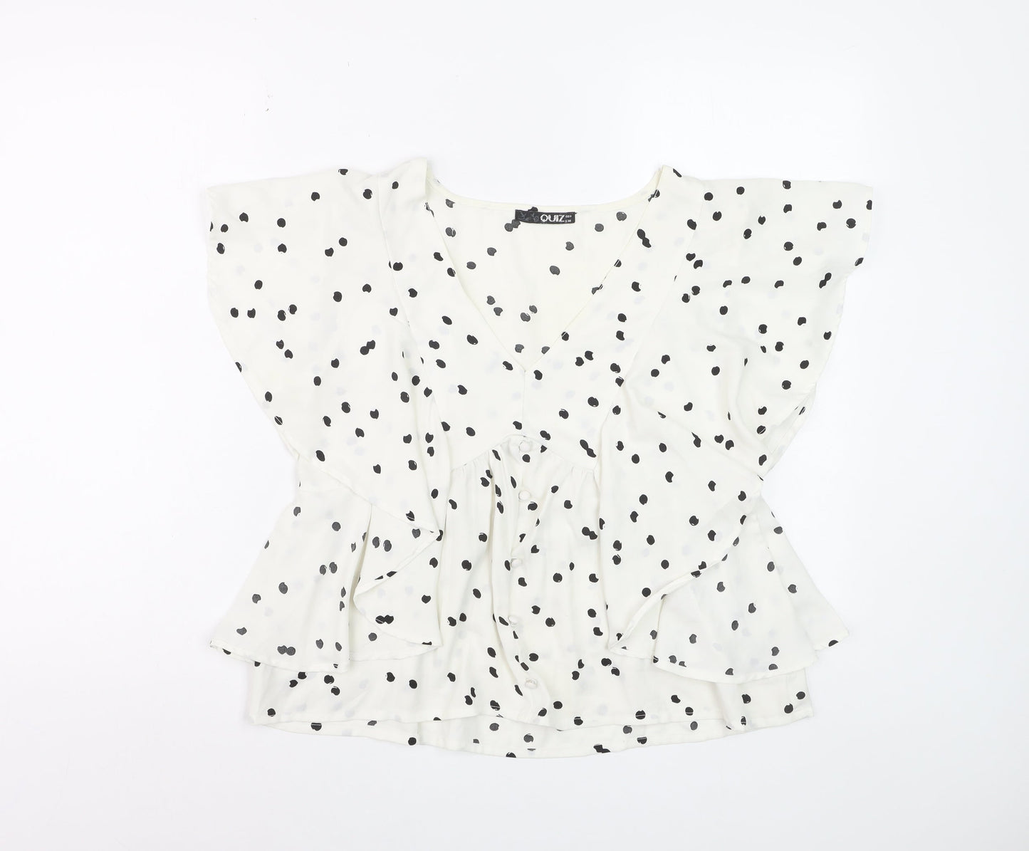 Quiz Women’s White Polka Dot Ruffle V-Neck Blouse Size 8