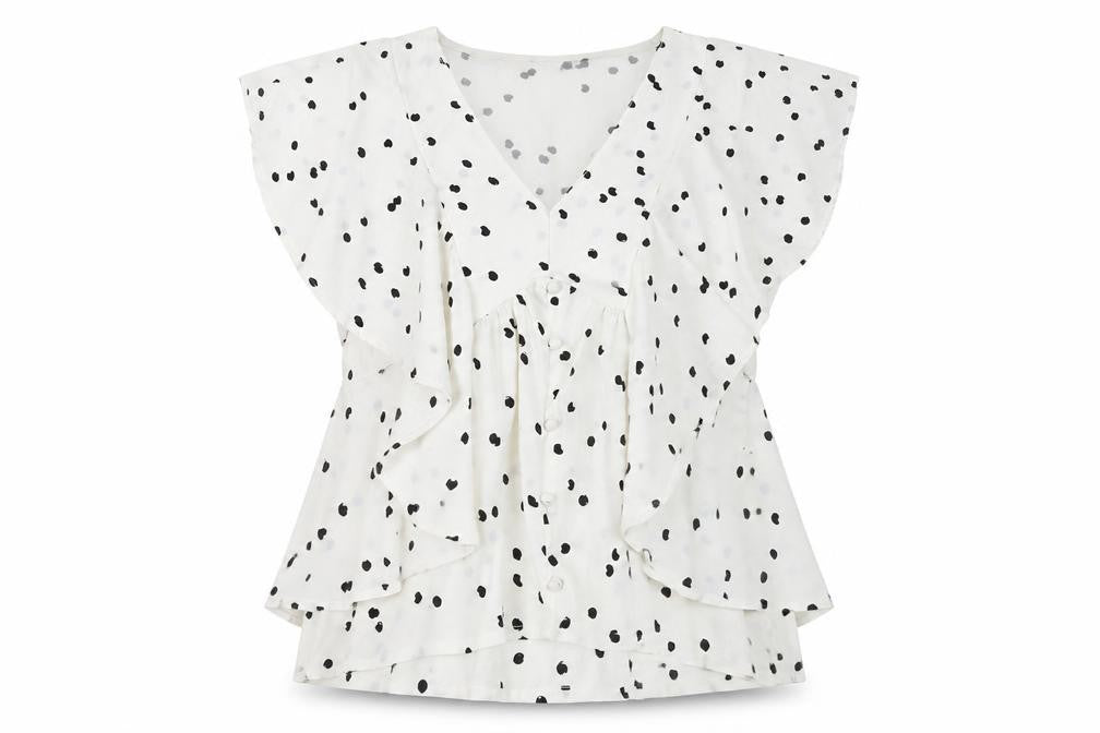 Quiz Women’s White Polka Dot Ruffle V-Neck Blouse Size 8