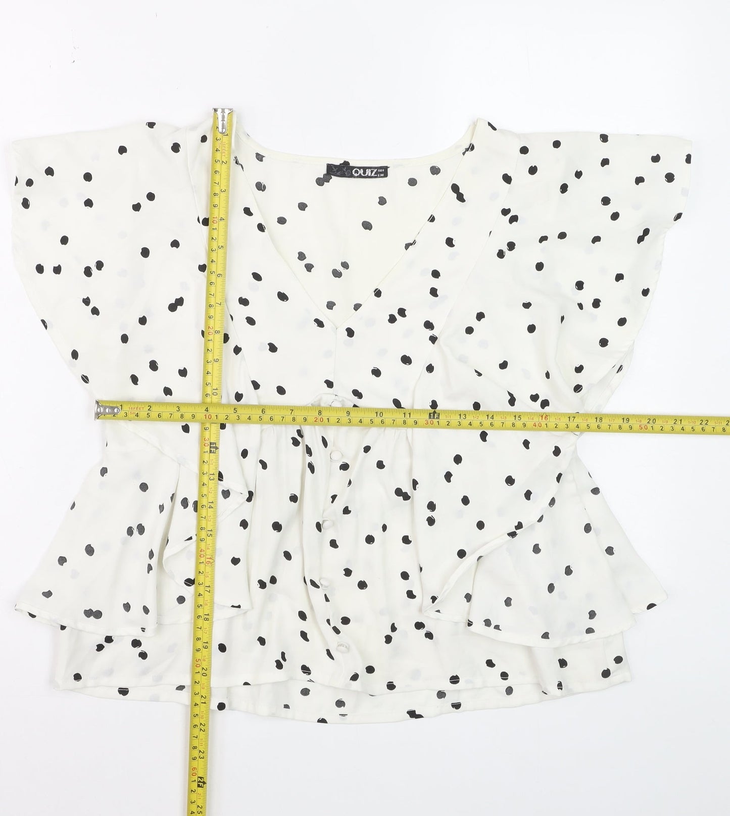 Quiz Women’s White Polka Dot Ruffle V-Neck Blouse Size 8
