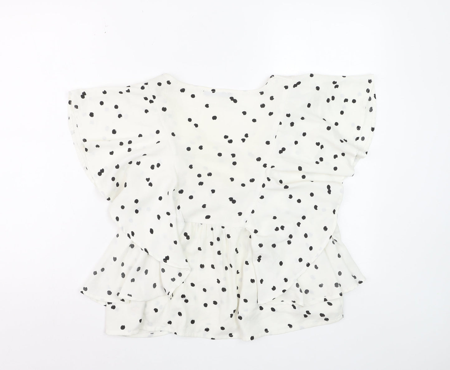 Quiz Women’s White Polka Dot Ruffle V-Neck Blouse Size 8