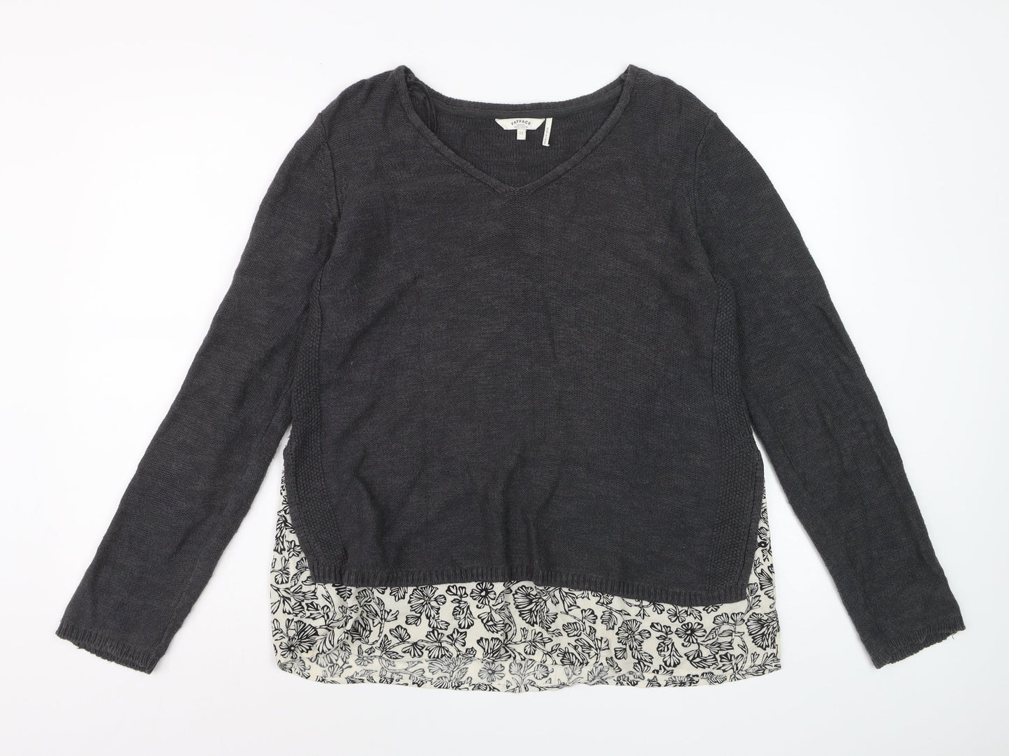 FatFace Women Black Size 12 V-Neck Cotton Knit Pullover Jumper