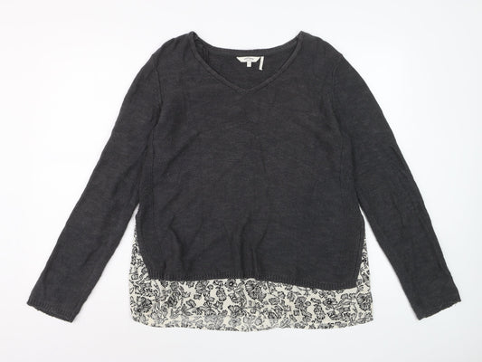 FatFace Women Black Size 12 V-Neck Cotton Knit Pullover Jumper