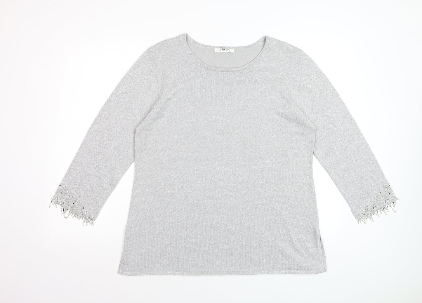 Platinum Women Silver L Knit Pullover Jumper with Fringe 3/4 Sleeves