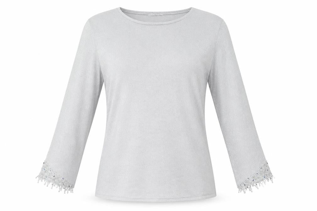 Platinum Women Silver L Knit Pullover Jumper with Fringe 3/4 Sleeves
