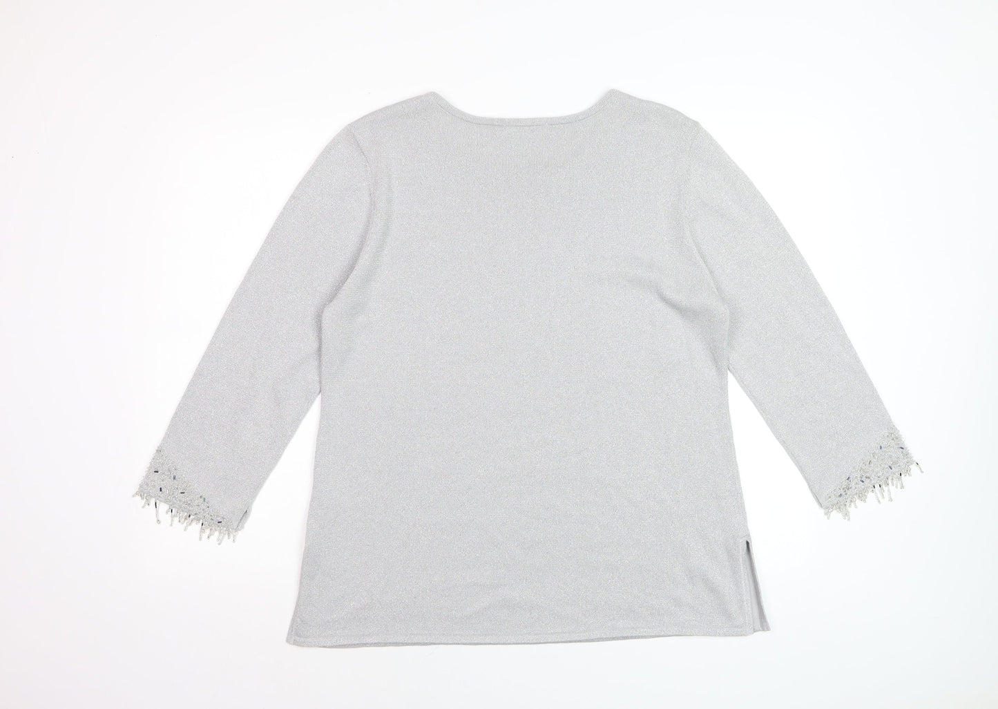 Platinum Women Silver L Knit Pullover Jumper with Fringe 3/4 Sleeves