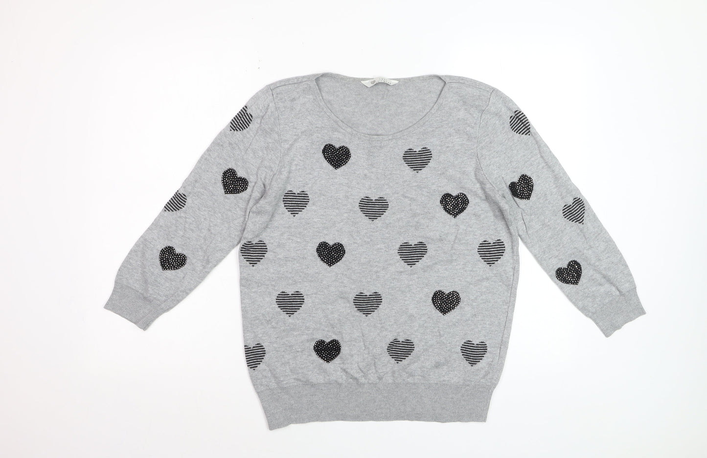 BHS Women’s Grey Heart Print Cotton Viscose Pullover Jumper Size 12