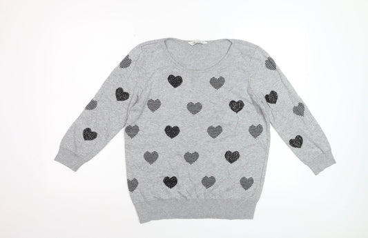 BHS Women’s Grey Heart Print Cotton Viscose Pullover Jumper Size 12