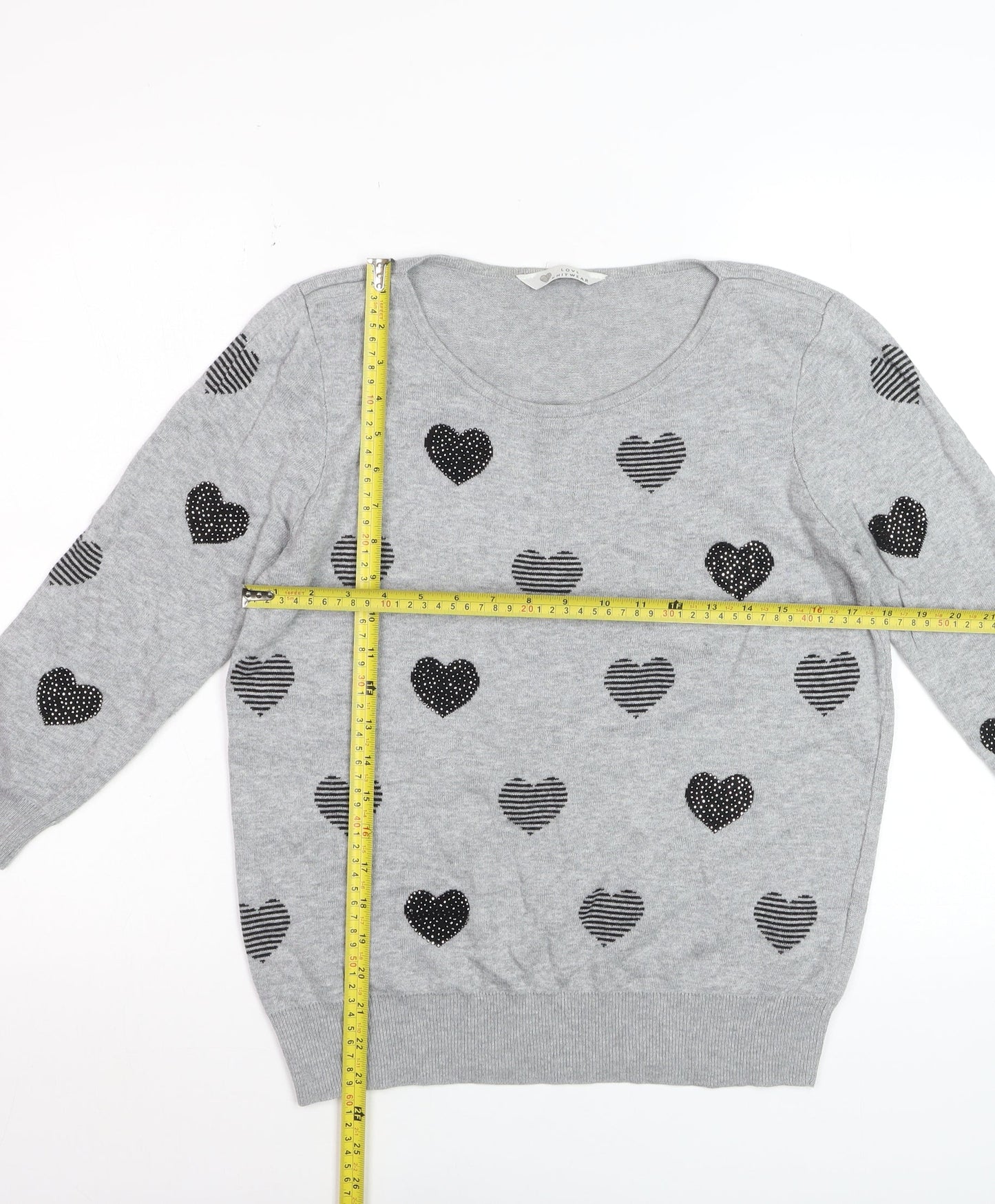 BHS Women’s Grey Heart Print Cotton Viscose Pullover Jumper Size 12