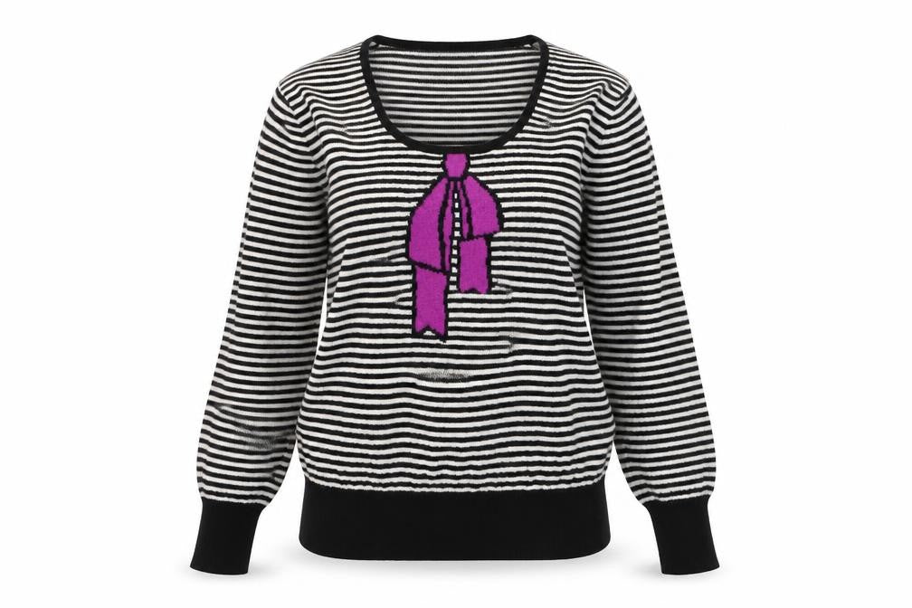 East Women’s Black Striped Scoop Neck Bow Jumper Size 18