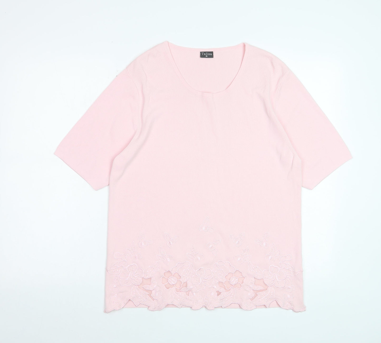 Talisa Women Pink Embroidered Short Sleeve Knit T-Shirt XL