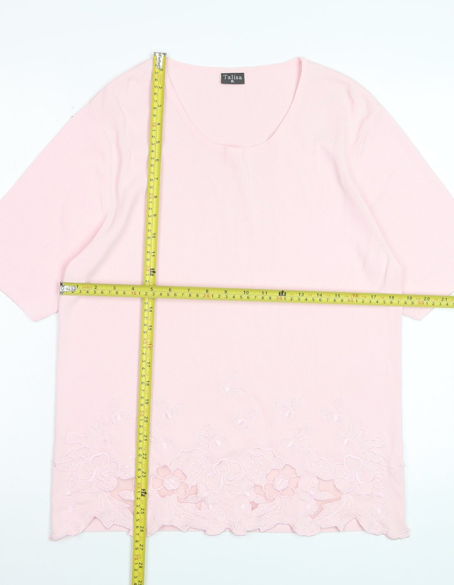 Talisa Women Pink Embroidered Short Sleeve Knit T-Shirt XL