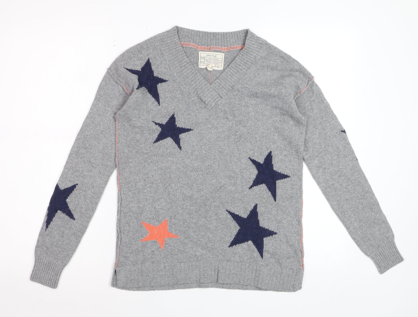 White Stuff Womens Grey Star V-Neck Merino Wool Jumper Size 8