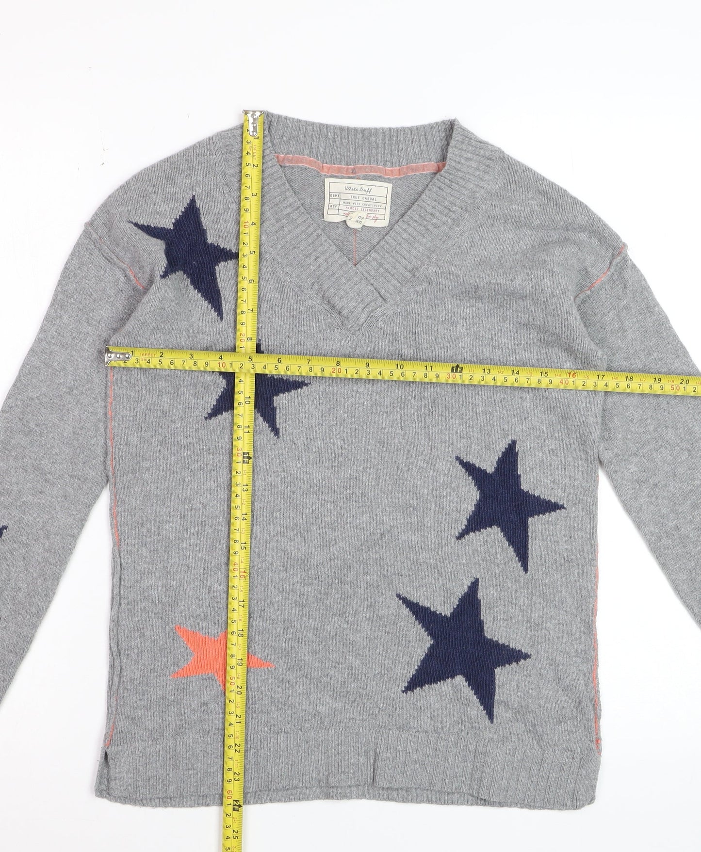 White Stuff Womens Grey Star V-Neck Merino Wool Jumper Size 8