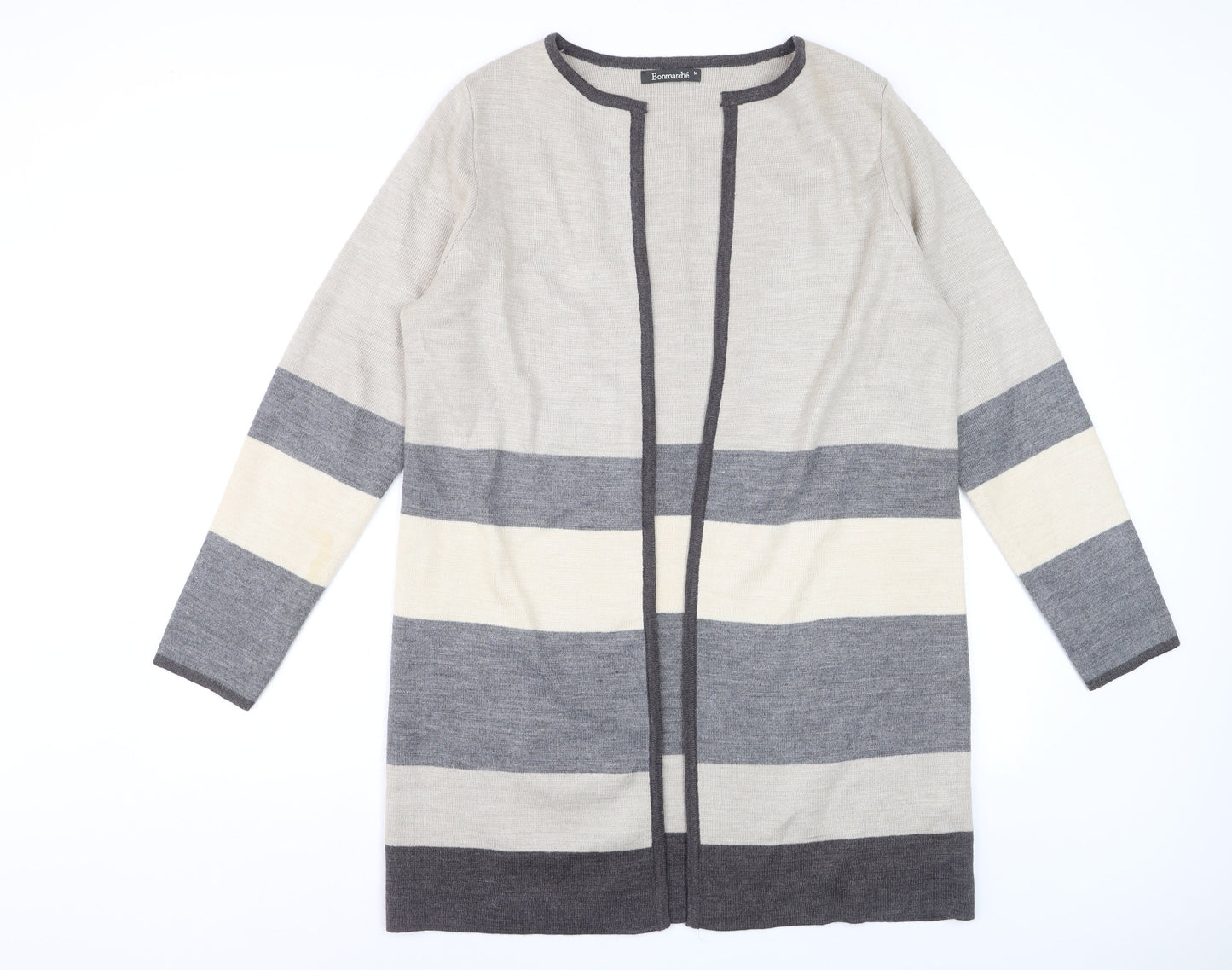 Bonmarché Women's Grey Striped Long Sleeve Open Knit Cardigan M