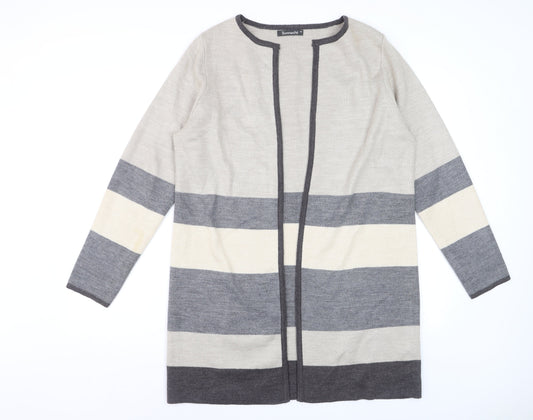 Bonmarché Women's Grey Striped Long Sleeve Open Knit Cardigan M