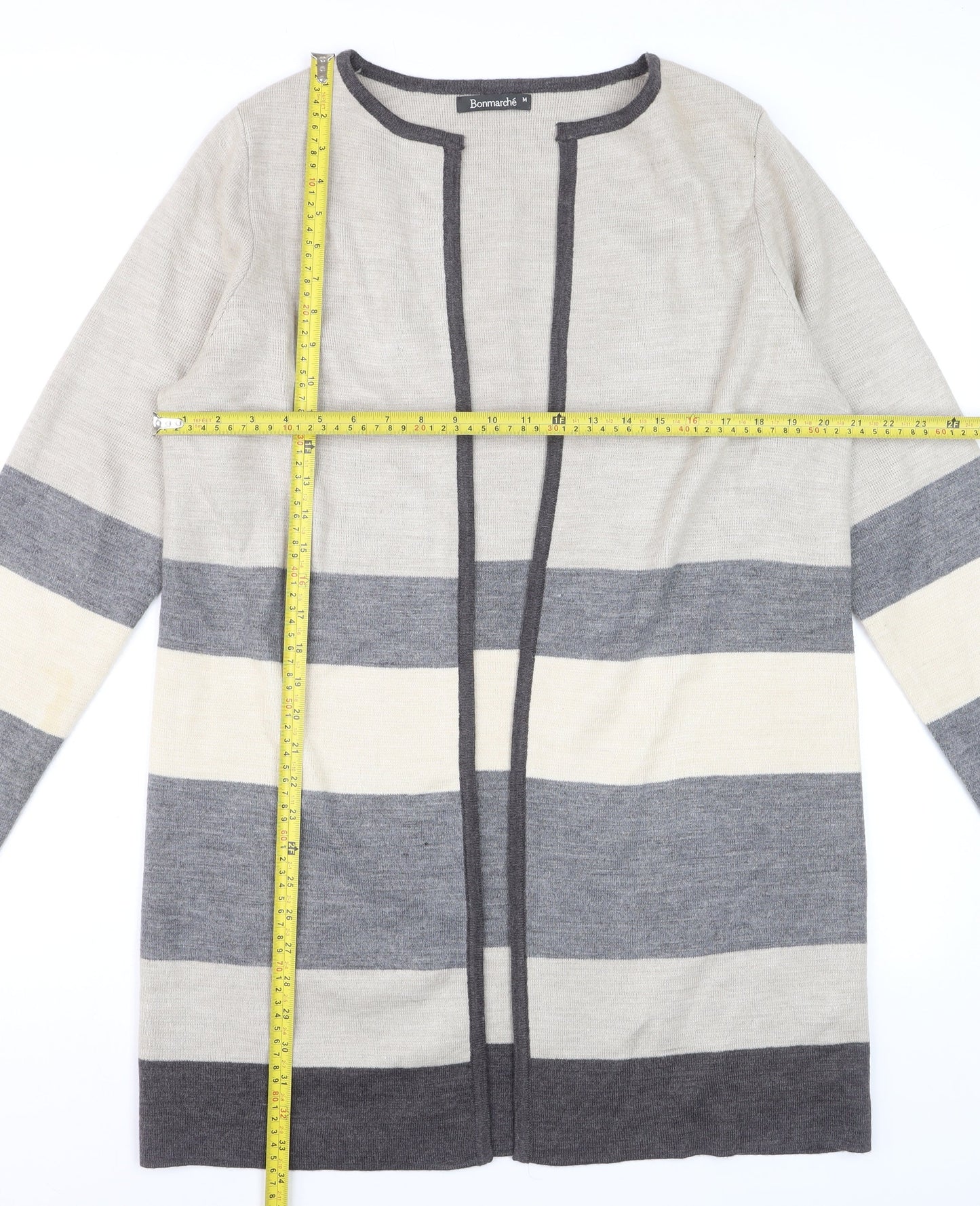 Bonmarché Women's Grey Striped Long Sleeve Open Knit Cardigan M