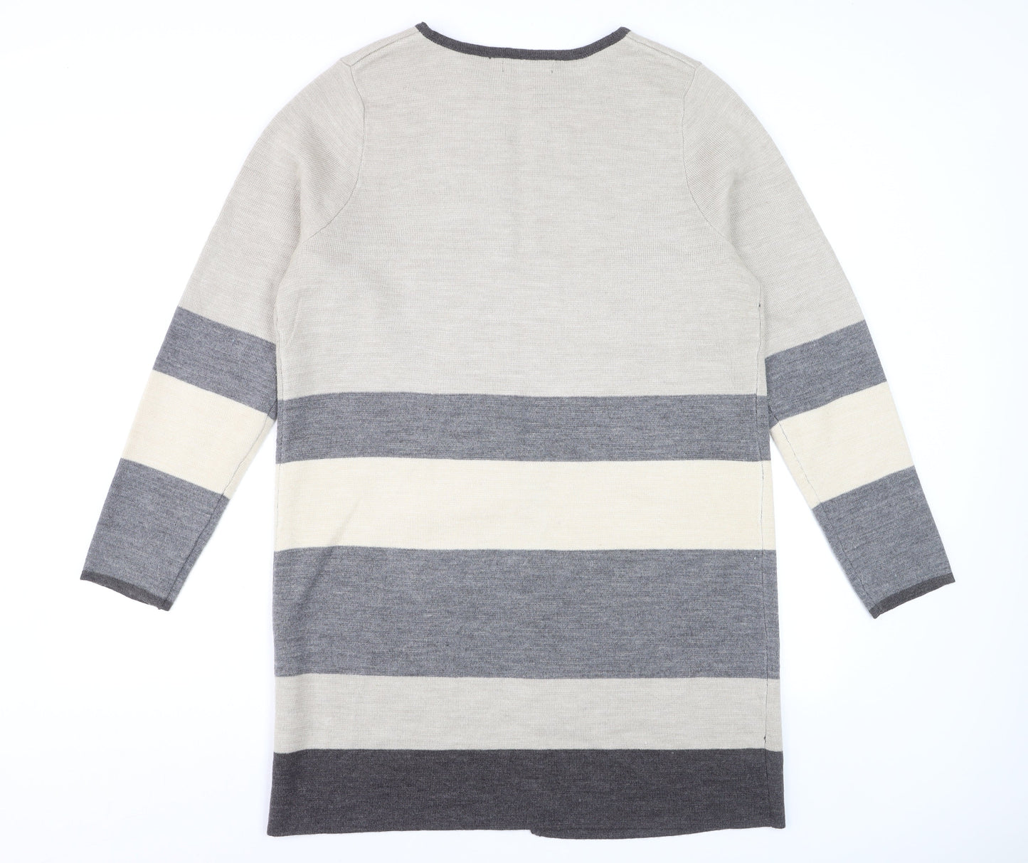 Bonmarché Women's Grey Striped Long Sleeve Open Knit Cardigan M